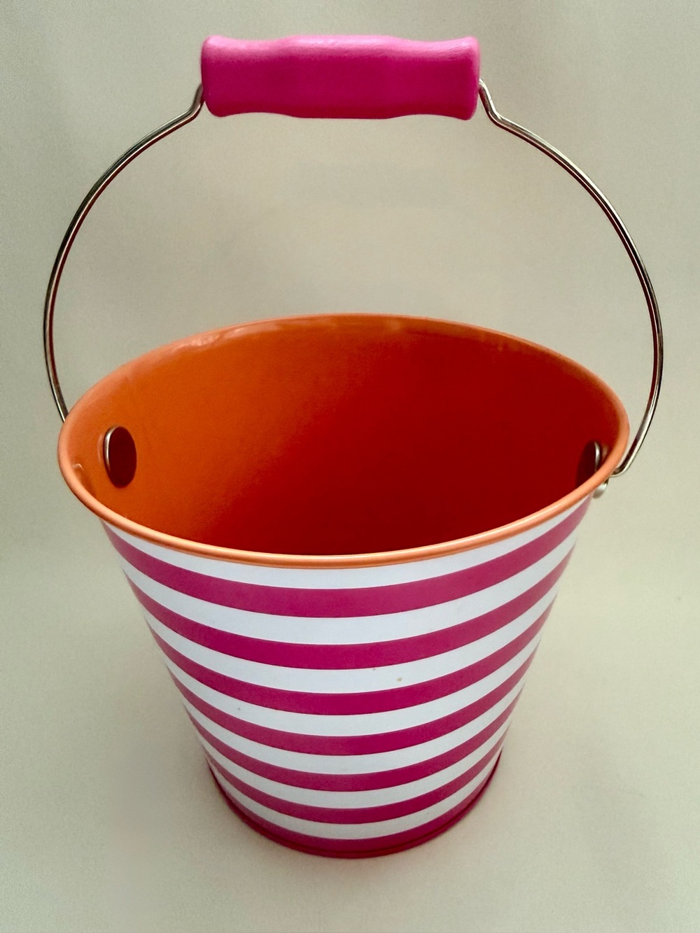 Rare Y2K Bath & Body Works Pink/White Striped Metal Pail Bucket Orange Inside